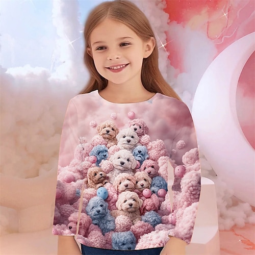 Mädchen 3D Grafik Tiermotiv Hund T-Shirt Langarm Frühling Herbst Mode Basic Kinder 4-12 Jahre Rundhalsausschnitt Outdoor Lässig Täglich Normale Passform Image