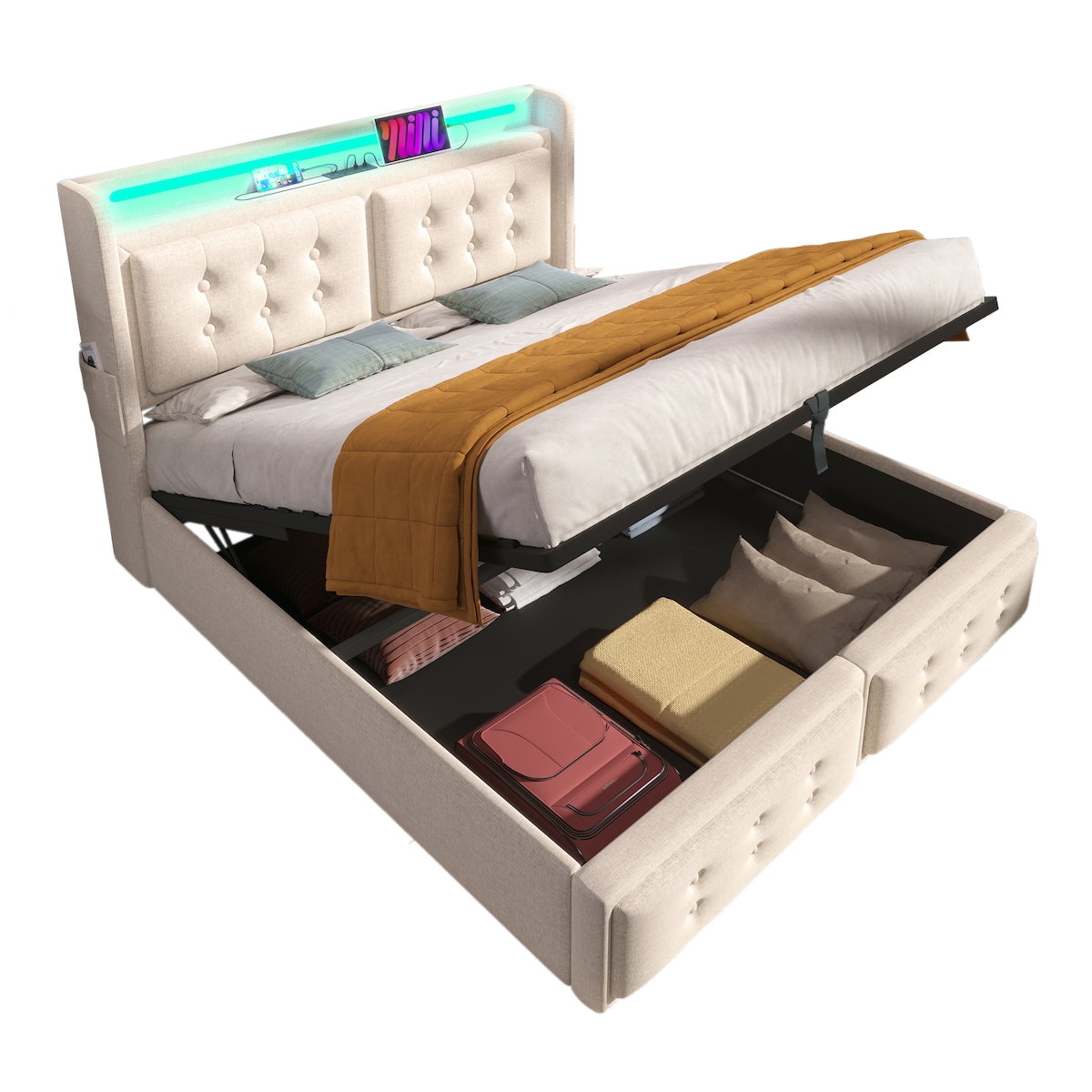 Merax Polsterbett LED Doppelbett 160x200cm mit Ladefunktion und hydraulischem Stauraum, Beige Image