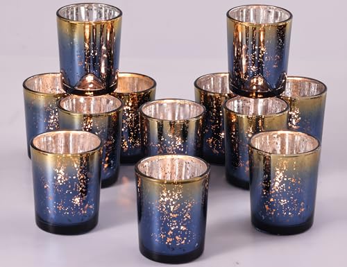 Volens Navy Votive Candle Holders Set of 12, Speckles Mercury Glass Tealight Candle Holder Bulk for Table Wedding Centerpiece, Navy Blue and Gold Themed Party Decorative & Home Decor