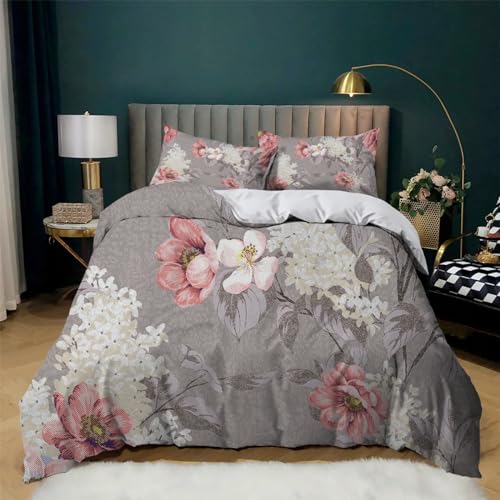 King Size Duvet Cover Sets Grey Pink Flowers Duvet Cover Sets Microfibre King Size Bedding Hypoallergenic Duvet Cover King Size Washable King Size Bedding Sets Zipper Closure+2 Pillowcases 50x75