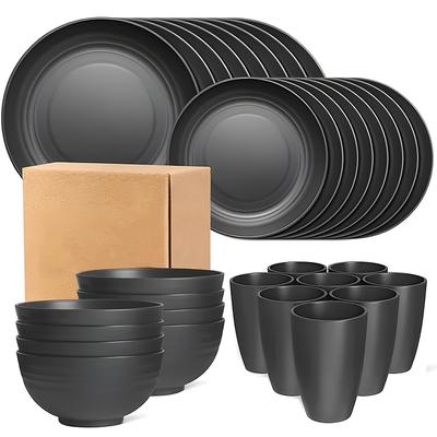 TEMU 4/32pcs Black Plastic Dinnerware Set - Solid Pattern Round Plates, Bowls, Cups For Home Kitchen & Restaurant - Holiday Theme Image