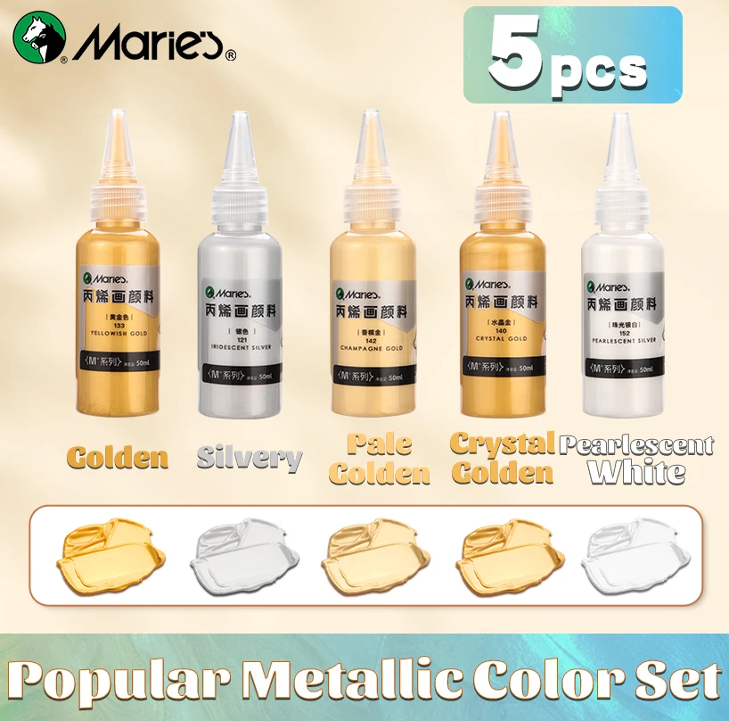 5 pièces ensemble de peinture acrylique métallique Marie, scintillant nacré pour l'artisanat, le bricolage, la roche, la peinture, pour adultes, les artistes (50 ml/1,7 fl. Tubes oz)