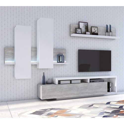 Wohnzimmerwand modern in Beton Grau und Weiß LED Beleuchtung (dreiteilig)