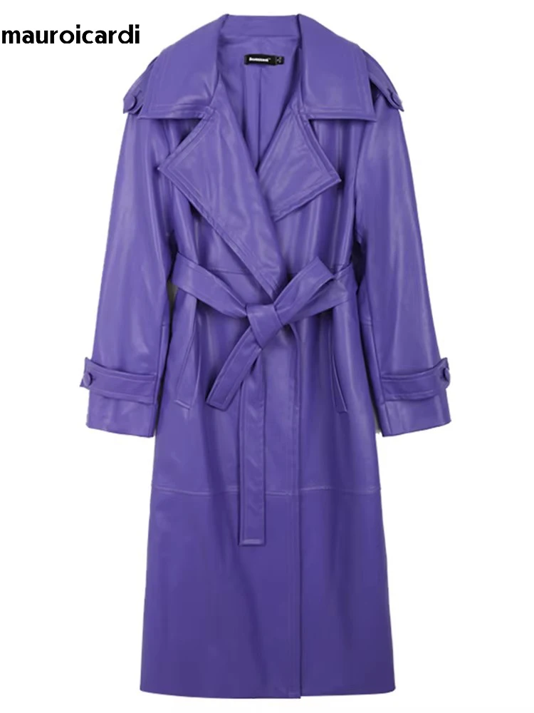 Mauroicardi Frühling Lange Wasserdichte Weiche Lila Pu Leder Trenchcoat für Frauen Schärpen Luxus Elegante Leder Mantel 2025