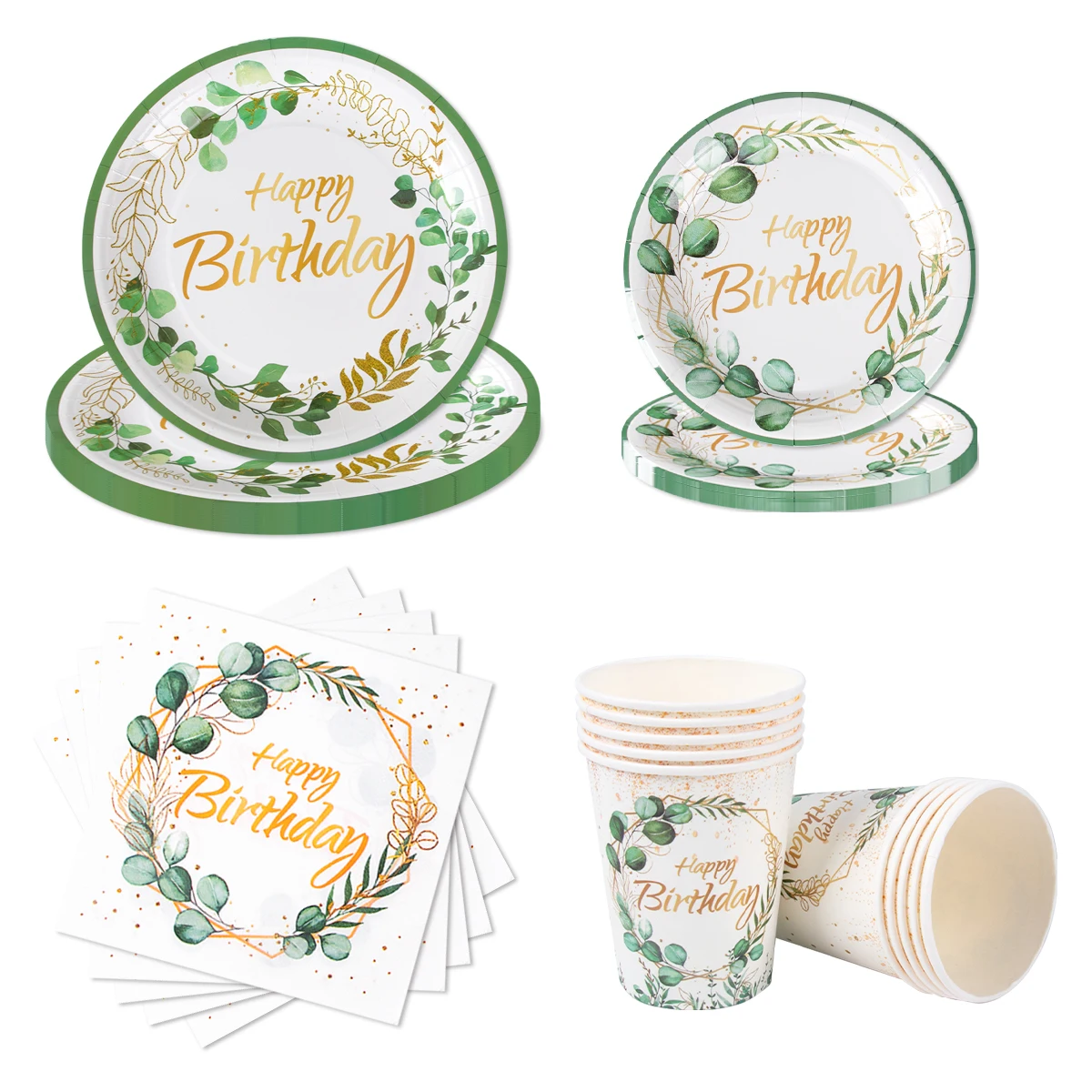 Alles Gute zum Geburtstag Geschirr Pappteller Tasse Serviette Hängebanner Grünes Eukalyptusblatt Dschungel Thema Geburtstag Party Tischdekoration Image