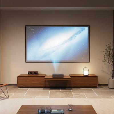 102"Modern Electric Wood Walunt TV Stand with Retractable Ultra-short Throw Projector Platform, Rectangular Media Console with Storage, on the Ground TV Console, Automatic Telescopic Platform, Premium Wooden Material, Partially-Assembled, Walnut Color