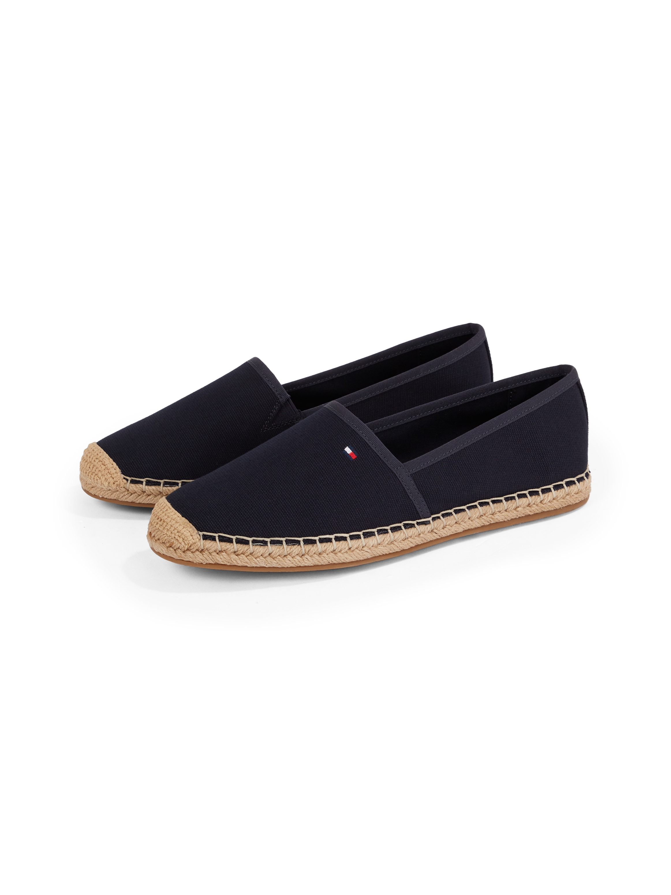 Espadrille TOMMY HILFIGER "FLAG CANVAS ESPADRILLE", Damen, Gr. 40, blau (dunkelblau), Baumwolle, unifarben, Schuhe Espadrille, Slipper, Flats, Bequemschuh mit Jutebezug und Ziernähten