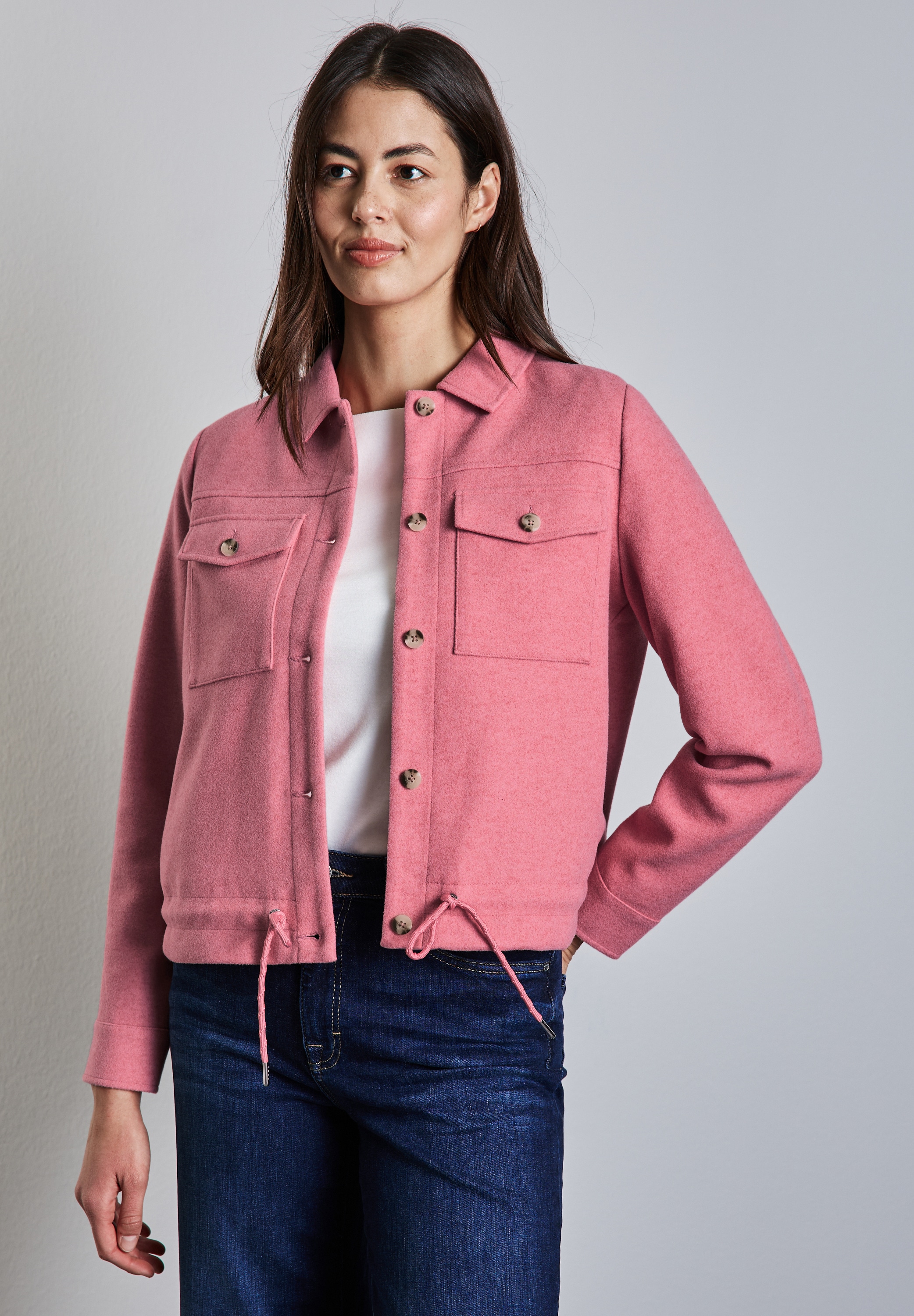 Kurzjacke STREET ONE, Damen, Gr. 44, rosa (sugar coral meliert), Stoff, 90% Polyester, 10% Viskose, unifarben, gerade normal, V-Ausschnitt, Bündchen, Jacken, mit Tunnelzug am Saum Image