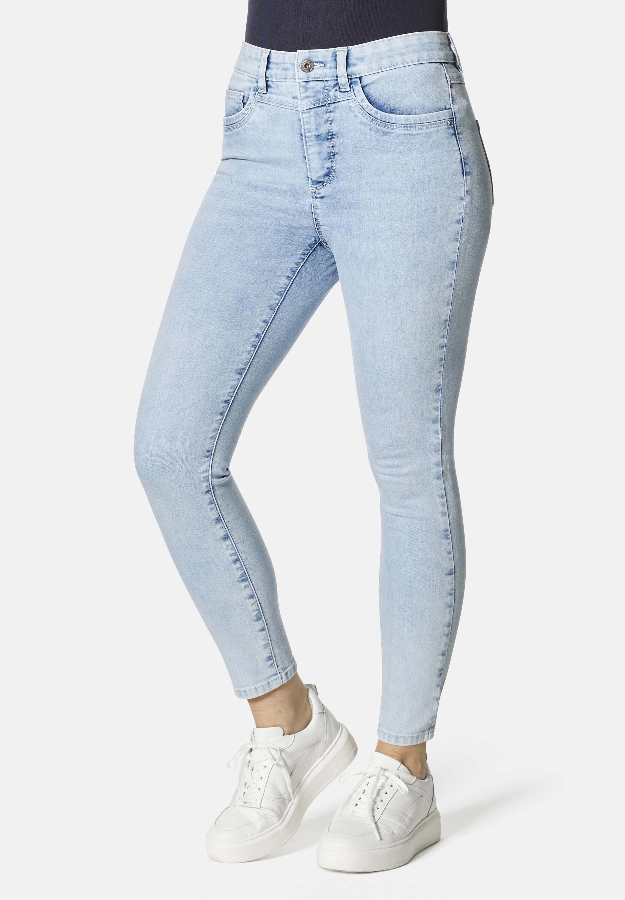 5-Pocket-Jeans STOOKER WOMEN "Rio Fexxi Move Strass Skinny Fit", Damen, Gr. 40, Länge 28, blau (blau bleached), Denim/Jeans, 83% Baumwolle, 16% recycled Polyester, 1% Elasthan, skinny fit lang, Jeans 5-Pocket-Jeans, Skinny Fit Casual Clean Wash...
