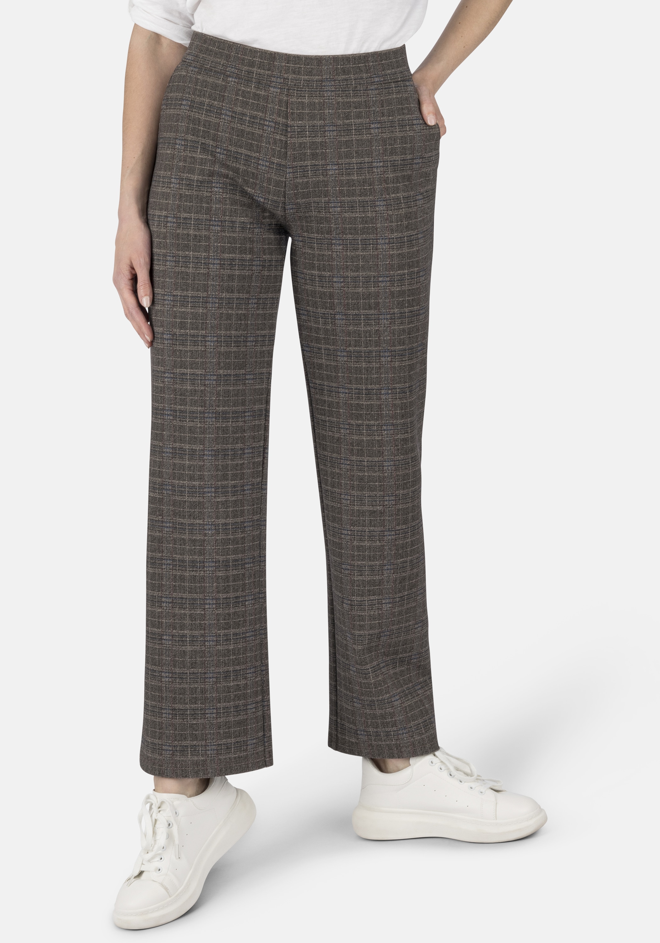 Schlupfhose STOOKER WOMEN "Mary Jersey Wide leg fit", Damen, Gr. 48, Länge 30, braun (braun check), Jersey, 67% Viskose, 27% Polyamid, 6% Elasthan, weit lang, Hosen Schlupfhose, Wide Leg Fit Casual Clean Wash Jersey für Damen