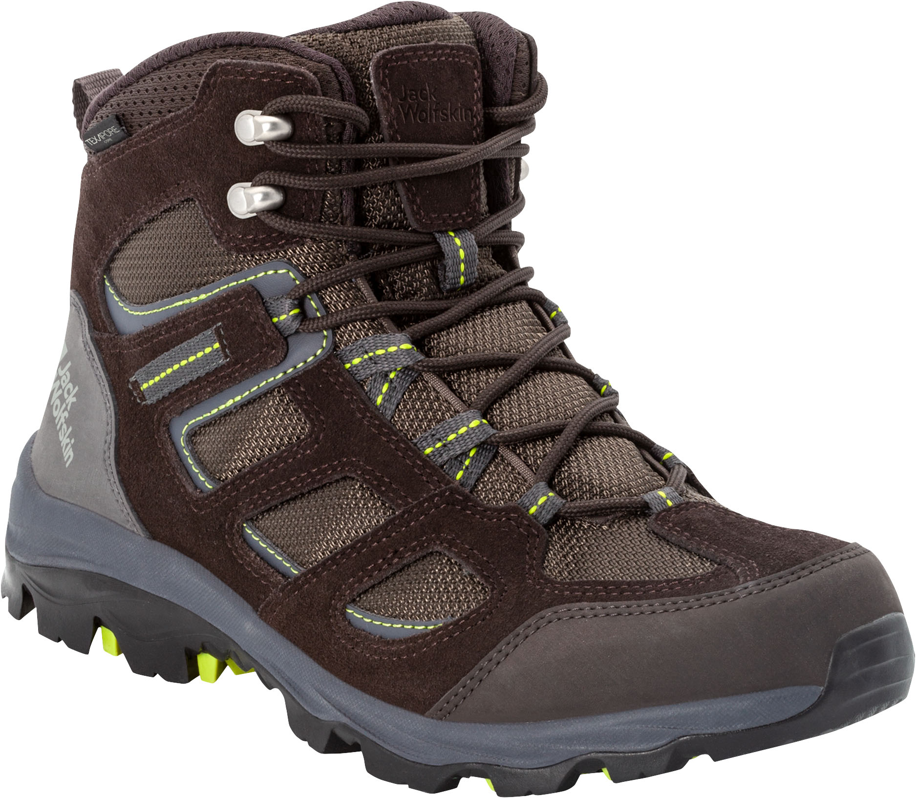 Wanderschuh JACK WOLFSKIN "VOJO 3 TEXAPORE MID M", Herren, Gr. 42,5, schwarz braun, lime, Synthetik, Textil, Schuhe Wanderschuh, Wasserdicht, Trekkingschuh