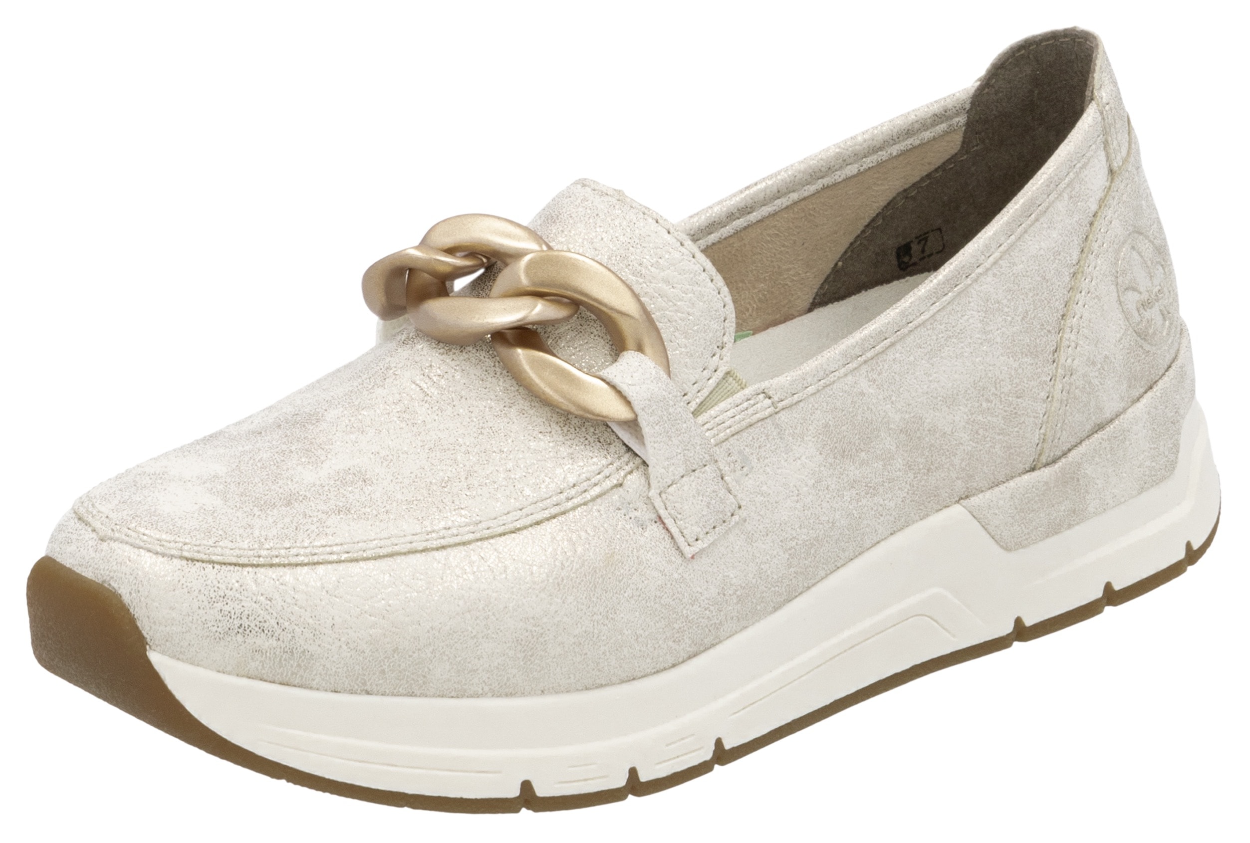 Loafer RIEKER, Damen, Gr. 40, beige (creme), Lederimitat, metallic, Schuhe Loafer, Slipper, Slip-on Sneaker, Halbschuh mit modischer Zierkette