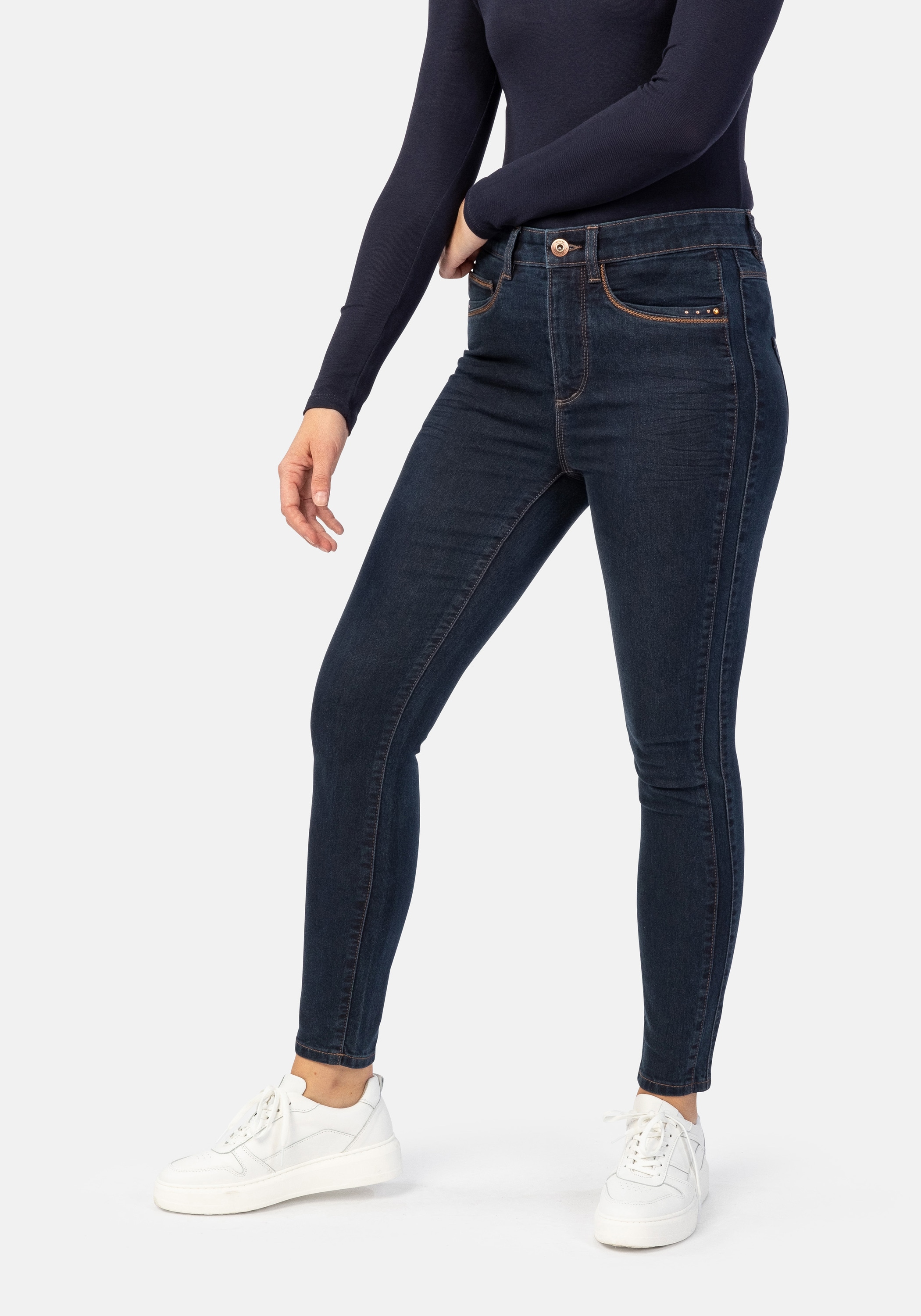 5-Pocket-Jeans STOOKER WOMEN "Rio Denim Season Skinny Fit", Damen, Gr. 44, Länge 28, blau (blau rinse), Denim/Jeans, 83% Baumwolle, 16% recycled Polyester, 1% Elasthan, skinny fit lang, Jeans 5-Pocket-Jeans, Skinny Fit Casual Clean Wash Denim Jeans...