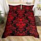 Adults Red Damask Bedding Set Antique Victorian Baroque Duvet Cover Super King,Gothic Vintage Floral Comforter Cover Exotic Sugar Skull Quilt Cover,Gothic Bone Skeleton Bohemian Decor,Black