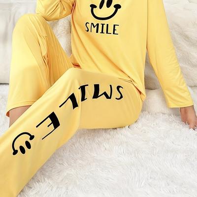 TEMU Double Long Women's Pajamas With Long Sleeves And Face Print For Casual Image