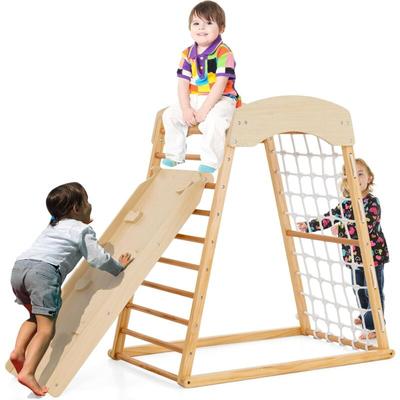 Costway - Klettergerüst Indoor, 6 in 1 Pull Up Bar & Rutsche & Kletterfelsen & Kletternetz & Leiter Image