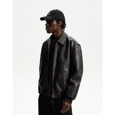Bershka Faux Leather Bomber Jacket Men Xl Black