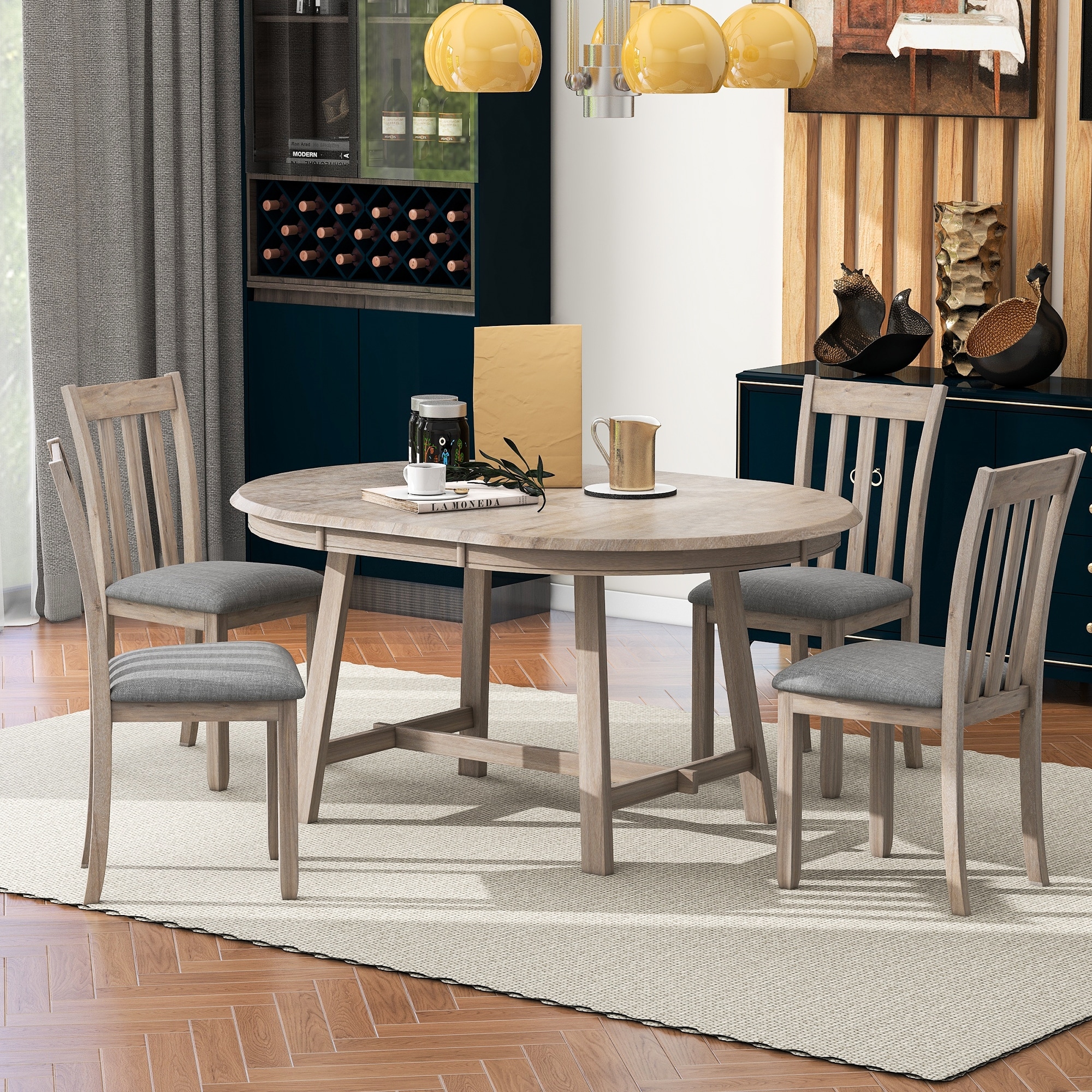 5-Piece Wood Dining Table Set Round Extendable Dining Table with 4 Dining Chairs, Dining Room Table Set for Dining Room Kitchen