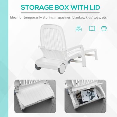 Outsunny Outdoor Chaise Lounge Chair On Wheels With Storage Box, Waterproof Lounger