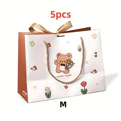 TEMU 5pcs Cute Bear Gift Bags With Ribbon - Shopping, Parties, Weddings & Birthdays - High-quality Paper Craft Tote Bags Image