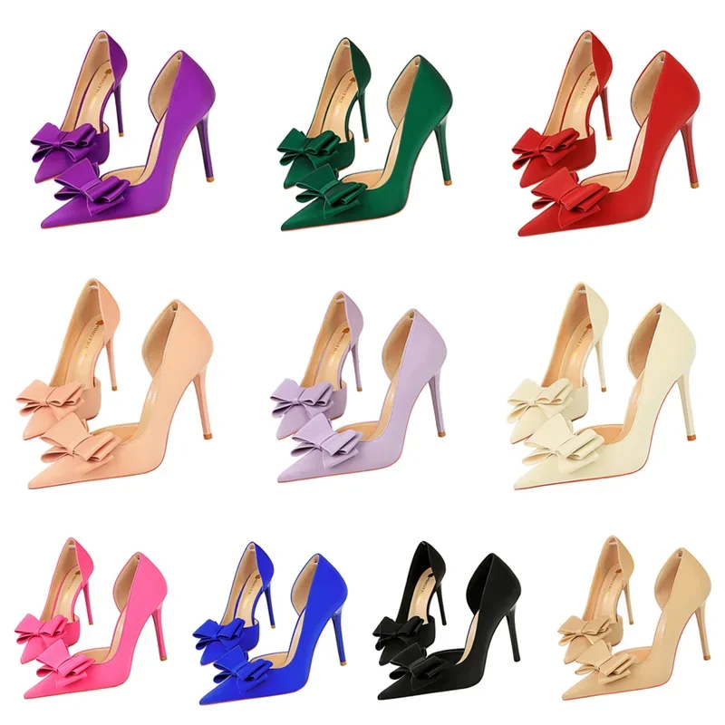 2024 donne 10.5cm tacchi alti dolce coreano lato Hollow pompe Lady Party viola verde Kawaii Bowknot tacchi Prom scarpe di raso di seta
