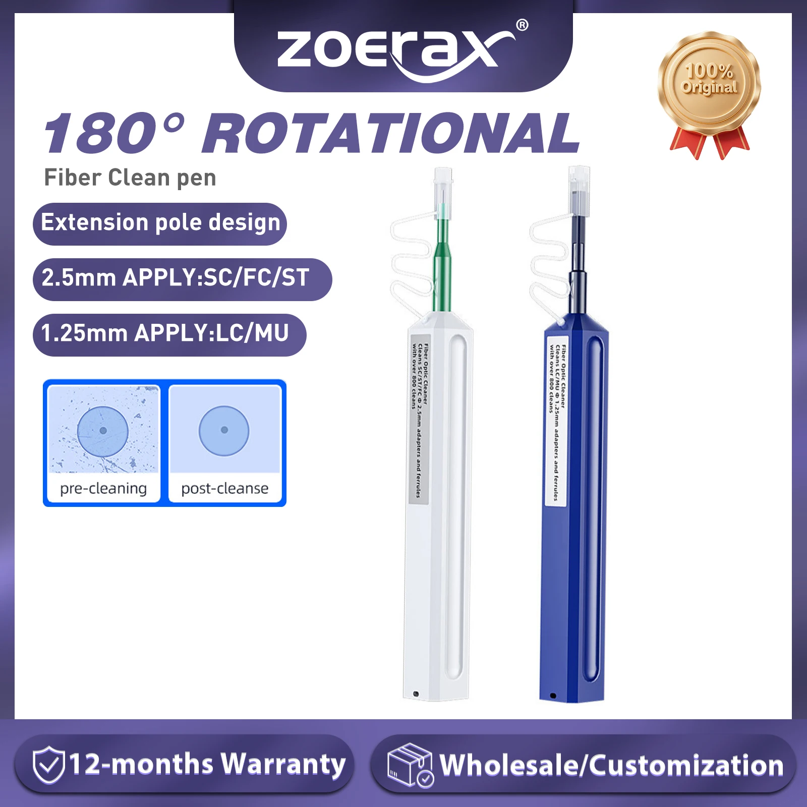 ZoeRax Glasfaser-Reinigungsstift für SC-, FC-, ST-, LC- und MU-Steckverbinder mit 800 Reinigungen für effiziente Glasfaserwartung Image