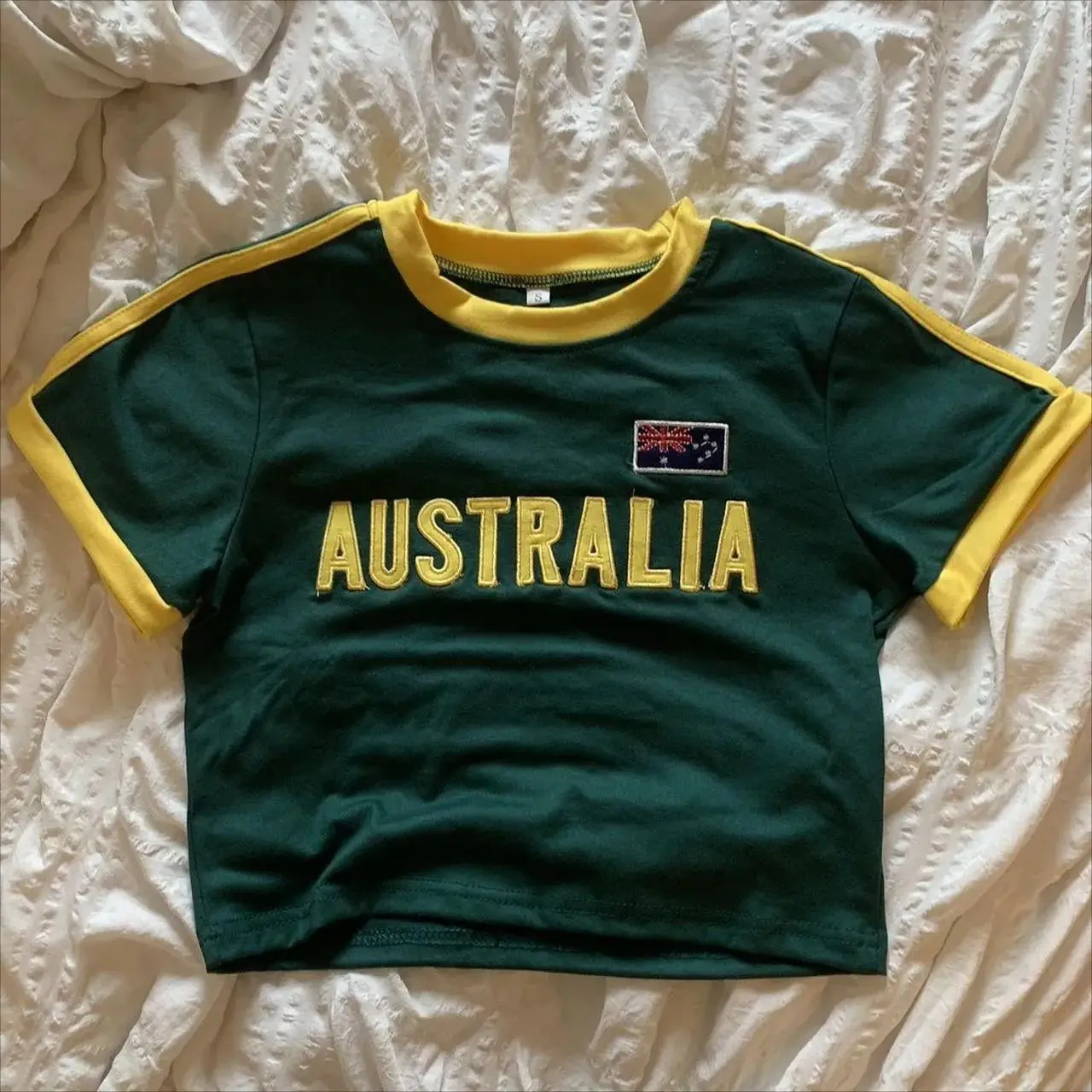 Sommer Grün T-shirt Frauen Australien Brief Drucken Crop Tops Casual Kurzarm Retro Tees Y2k Kleidung Punk Ästhetischen Streetwear