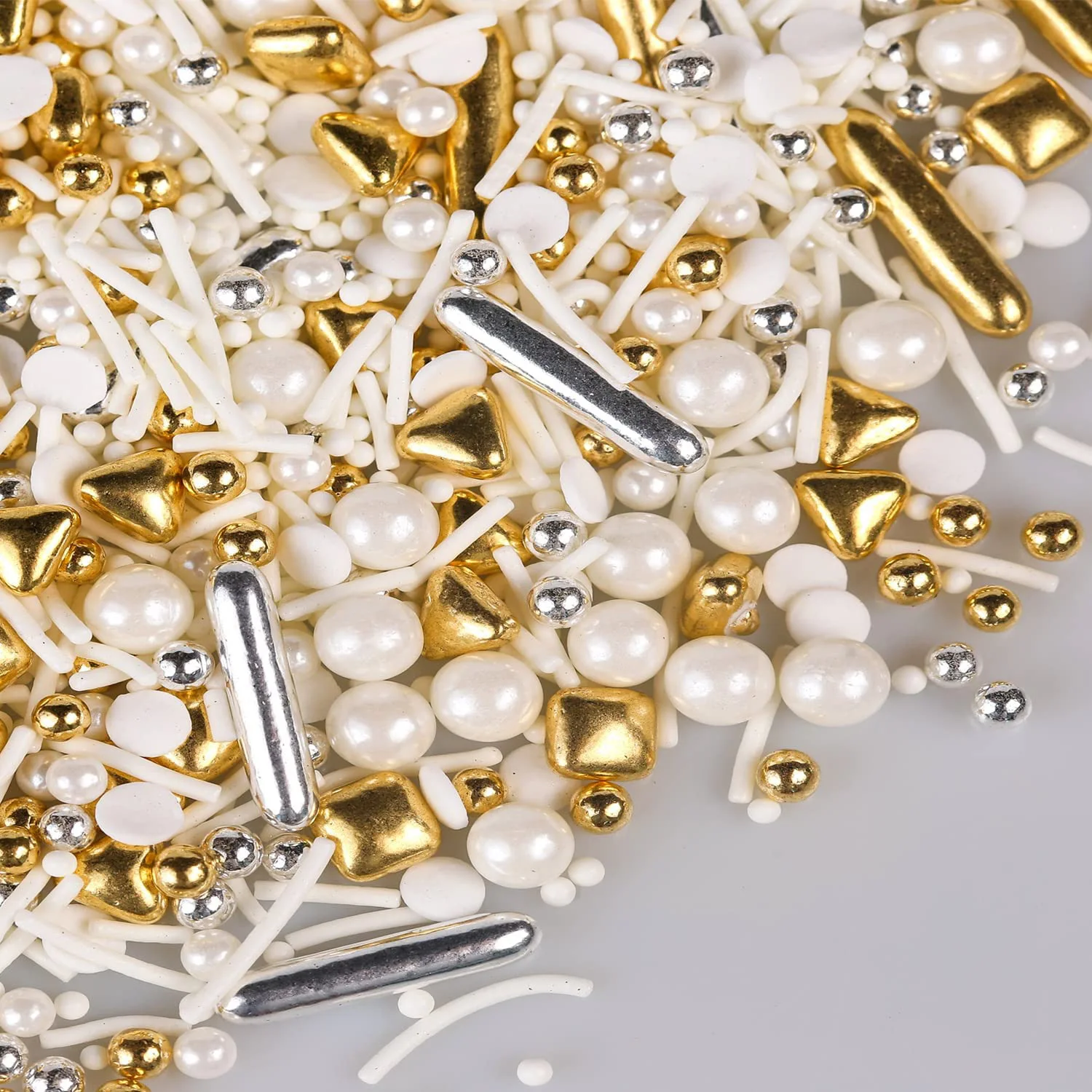 Weiße Deluxe-Goldperlenstreusel für die Dekoration von Kuchen-Cupcake, Mischungsgrößen, Eiscreme und Keksen – für Hochzeitsfeiern Image