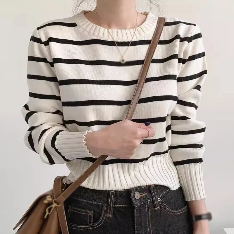 Langarm Streifen Pullover Frauen O Hals Retro Gestrickte Tops Herbst Weibliche Casual Pullover Thermische Bequeme Strickwaren Image