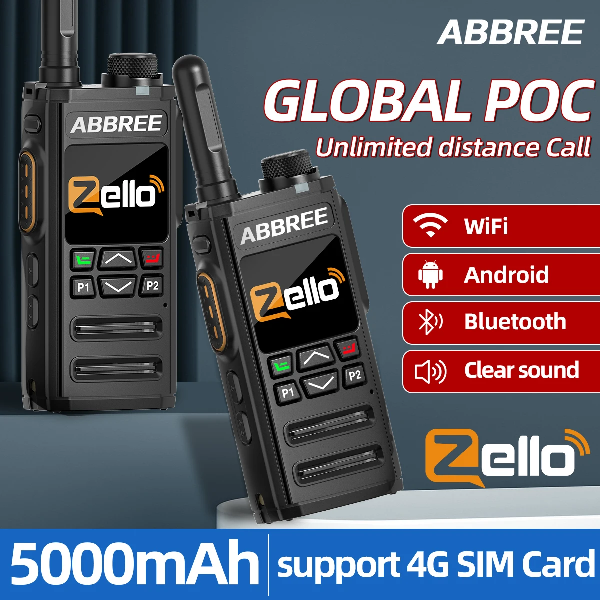 2PCS ABBREE GP-268 POC Netzwerk Walkie Talkie Zello 5000mAh Bluetooth WIFI Unbegrenzte Entfernung 4G SIM Karte Android globale Radio Image