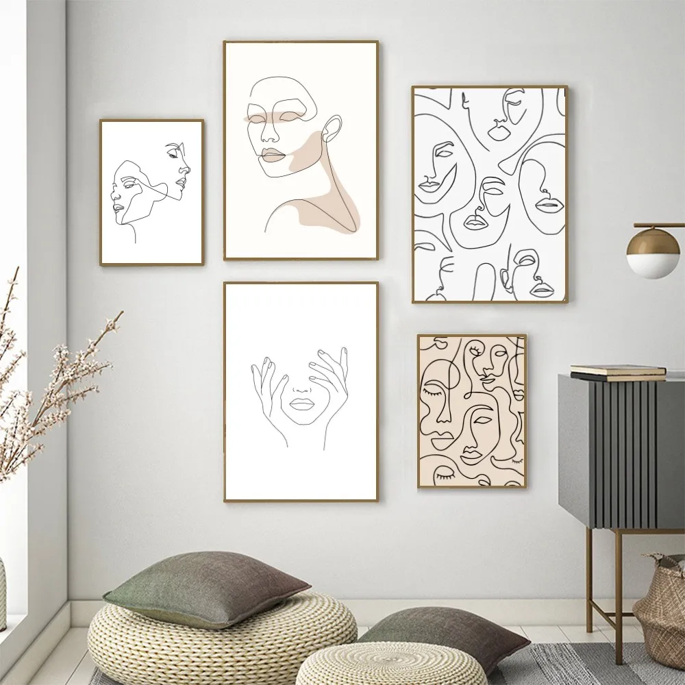 1pc abstrakte Linie Frauen Gesicht selbst klebende Kunst Poster wasserdichte Papier Aufkleber Kaffeehaus Bar Zimmer Wand dekoration Image