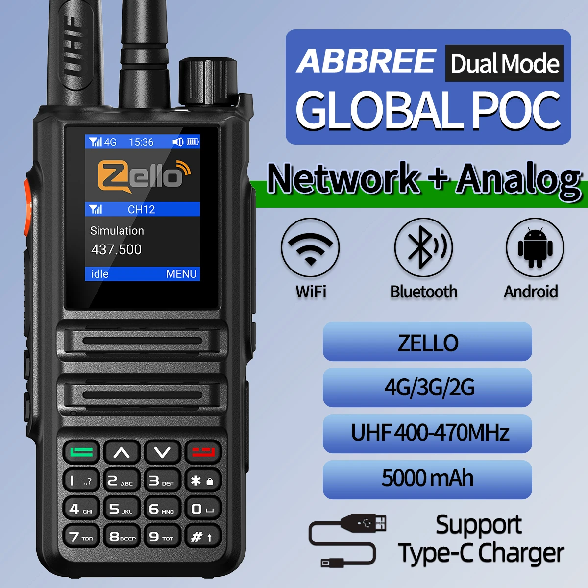ABBREE GP-889 Dual Mode Global POC Netzwerk Walkie Talkie ZELLO Radio UHF Bluetooth WIFI 4G Sim Karte Android Long Range Ham Radio Image