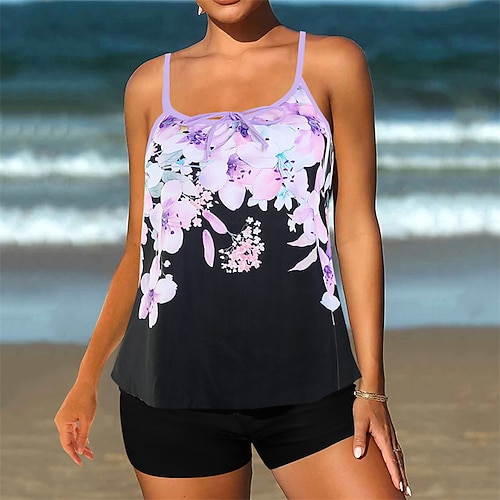 Damen Tankini Bikini, Zweiteiler Bademode Badeanzug Schwarz Blau Atmungsaktiv Schnelltrocknend Leichtgewichtig Ärmellos - Schwimmen Surfen Strand Sommer Frühling Übergröße Image