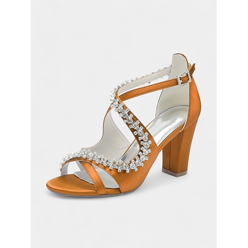 Damen-Sandalen aus türkisfarbenem Satin mit Strass-Absatz – Riemchen-Cocktailschuhe mit Blockabsatz für Hochzeiten und Abendveranstaltungen Image