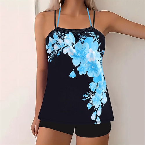 Damen Tankini Bikini, Zweiteiler Rückenfrei Kreuz und quer Bademode Blumen Badeanzug Rosa Himmelblau Atmungsaktiv Schnelltrocknend Leichtgewichtig Ärmellos - Schwimmen Surfen Strand Sommer Frühling Image