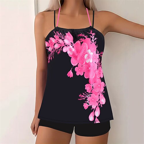 Damen Tankini Bikini, Zweiteiler Rückenfrei Kreuz und quer Bademode Blumen Badeanzug Rosa Himmelblau Atmungsaktiv Schnelltrocknend Leichtgewichtig Ärmellos - Schwimmen Surfen Strand Sommer Frühling Image