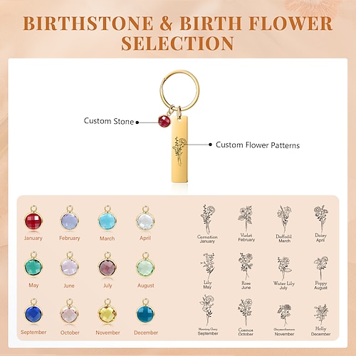 Personalisierter Geburtsstein-Schlüsselanhänger – Bestes Geschenk für Mama - Geburtsblumen Edelstahl-Pendant individuelles Hochzeitsgeschenk für Paare Geschenk für Frauen Freunde oder Liebhaber Image