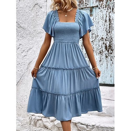 Damen Midikleid Casual kleid Schaukelkleid A Linie Kleid Stilvoll Basic Brautkleider schlicht Urlaub Täglich Regular Fit Glatt Kurzarm Quadratischer Ausschnitt Blau Sommer Image