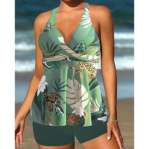 Damen Tankini Bikini, Zweiteiler V-Ausschnitt Bademode Badeanzug Schwarz Weiß Schnelltrocknend Leicht Atmungsaktiv Ärmellos - Surfen Strand Schwimmen Sommer Frühling Übergröße Image