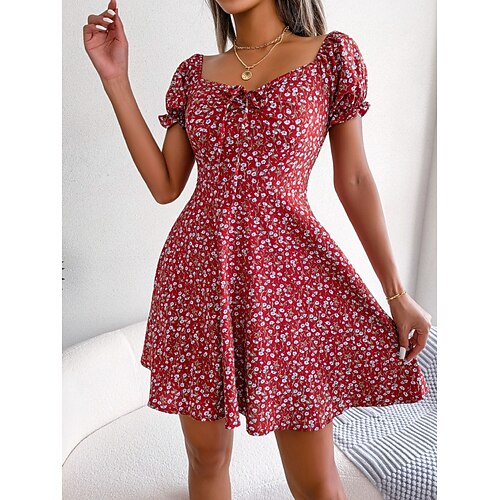 Damen Minikleid Casual kleid A Linie Kleid Stilvoll Brautkleider schlicht Urlaub Täglich Regular Fit Blumen Kurzarm Quadratischer Ausschnitt Rote Grün Sommer Frühling Image