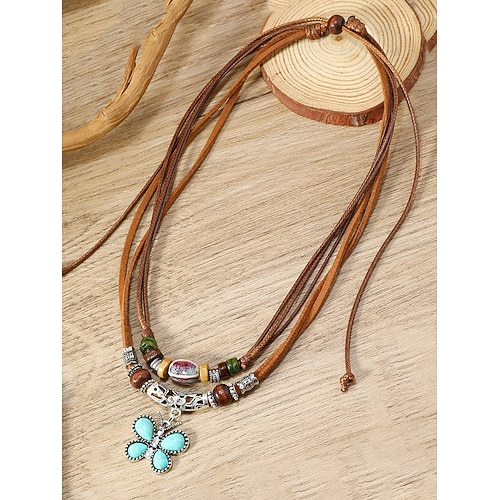 Vintage-Lederhalskette mit Schmetterlingsanhänger – verstellbarer Perlenschmuck im Boho-Stil für Damen und Herren, perfekt für die Freizeit und Festivals Image