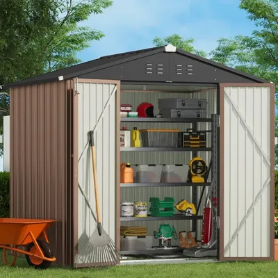 Outdoor Storage Shed 8 X 6 FT with Metal Base Frame, Galvanized Metal Garden Shed with Double