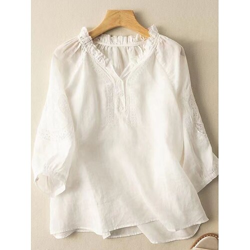 Per donna Camicia Camicie ispirate al lino Blusa Tinta unica Elegante Casual Manica 3/4 Scollo a V Top Regolari Quotidiano Volant Ricamato Bottoni Bianco Blu Estate Primavera Autunno