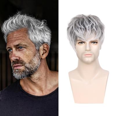 TEMU Men's Short Grey Wigs, Straight Synthetic Hair, Light Grey Ombre, High Temperature Fiber, Cap, Layered Cut, Wig For Men