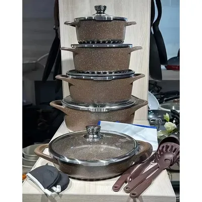 Cookware Set 17 Pieces Brown Granite Aluminum Non-Stick Cookware Set Kitchen