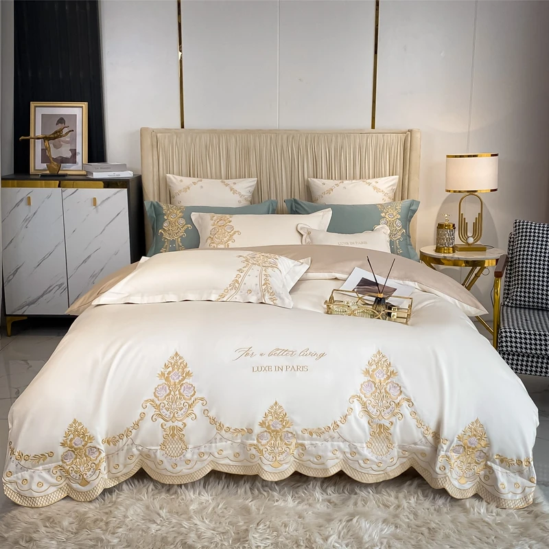 Neue Luxus 1000TC Ägyptische Baumwolle Gold Chic Stickerei 4Pcs Bettwäsche Set Quilt/Bettbezug Set Bettwäsche Spannbetttuch kissenbezüge Image
