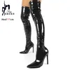 Elastische Oberschenkelhohe Stiefel für Damen, sexy, spitzer, dünner Absatz, schwarzes Lackleder, Frühlings- und Herbstschuhe, Overknee-Stiefel, Größe 45