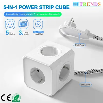 EU-Stecker Desktop-Stromversorgungsplatine 5 AC-Steckdosen 3 m geflochtenes Verlängerungskabel Image
