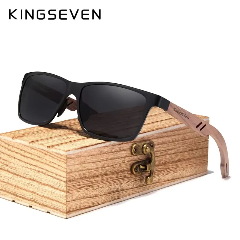 KINGSEVEN Hohe Qualität Holz Sonnenbrille Rechteck Rahmen männer UV400 Polarisierte Gläser Spiegel Objektiv Retro Frauen Outdoor Brillen Image