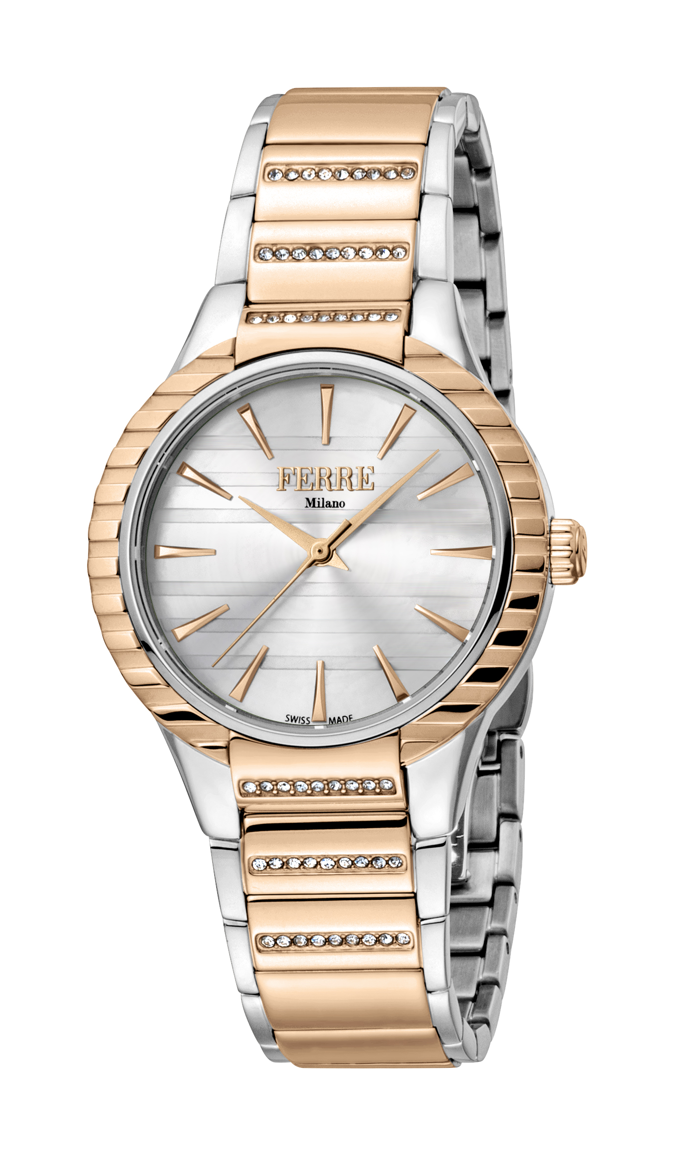 Ferre Milano Womens Ladies Silver Dial Mb.middle Links in RG. Watch - Silver & Gold - One Size | Ferre Milano Sale | Discount Designer Brands